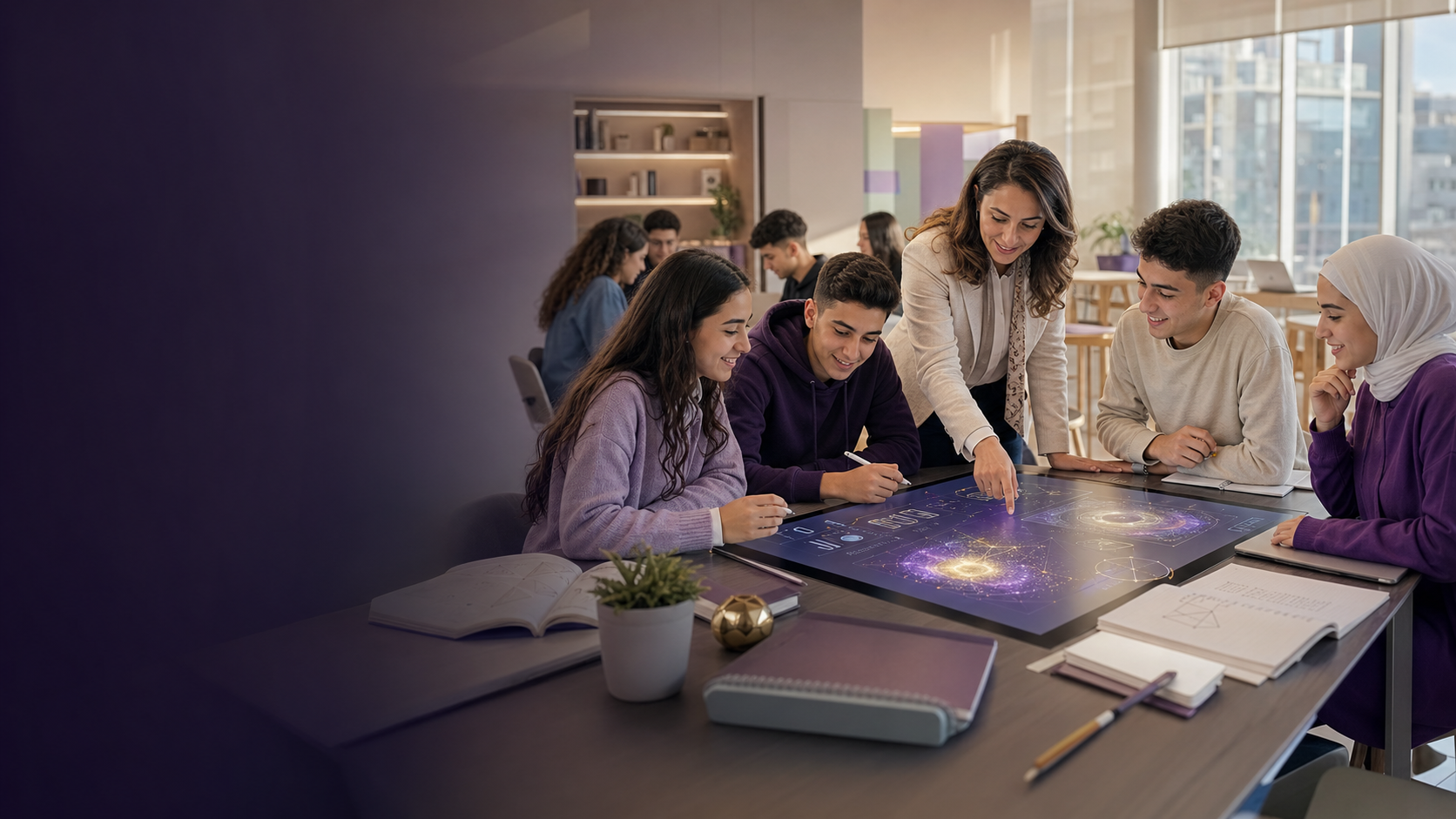 طلاب يتعلمون باستخدام تقنيات تعليمية حديثة